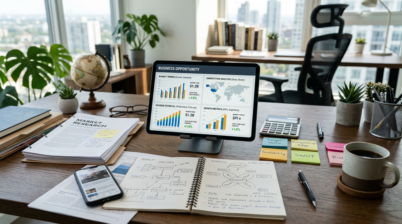 Business opportunity research dashboard on a tablet surrounded by market research reports, SWOT analysis notes, financial charts, a calculator, smartphone, and business planning materials.