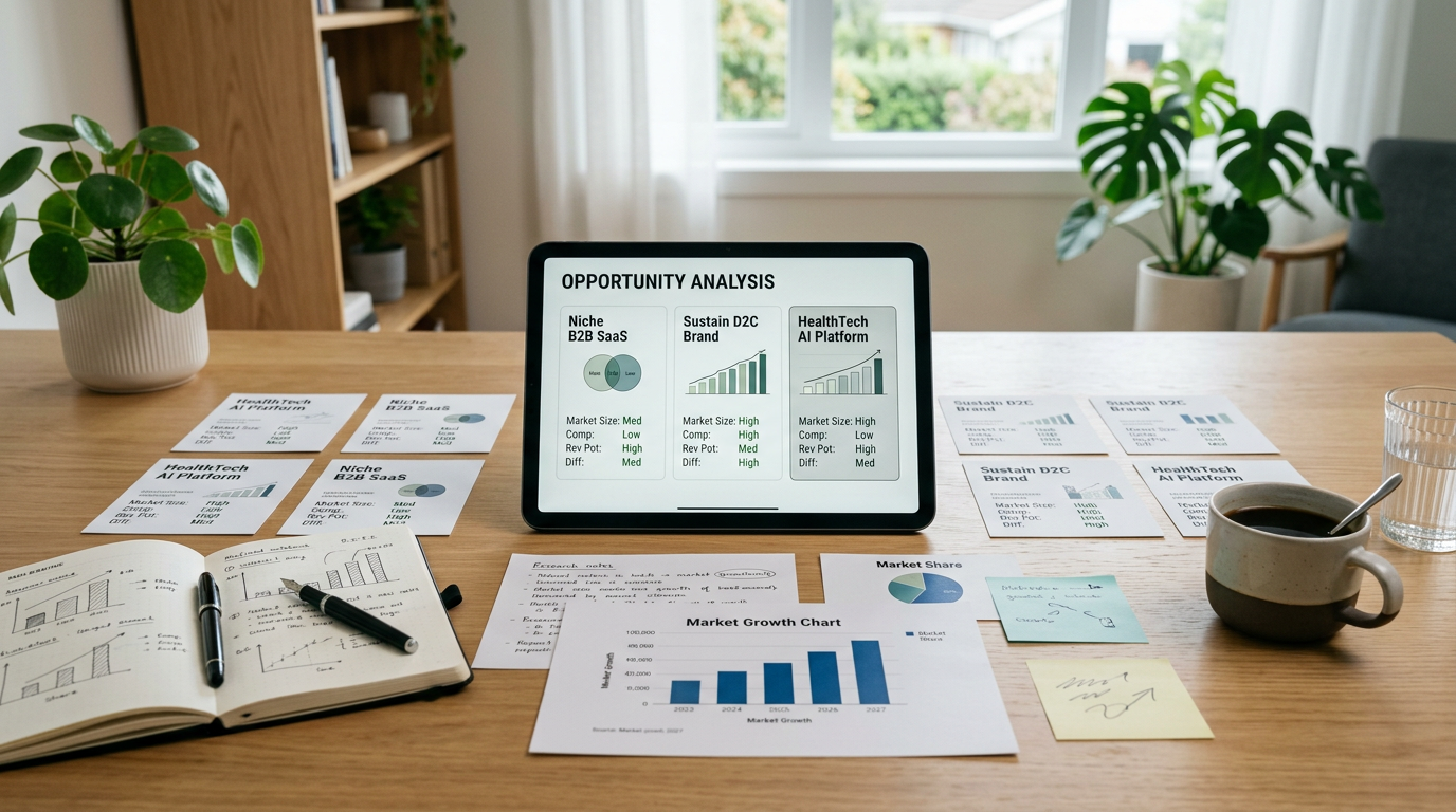 Tablet showing a business opportunity analysis with market trends, market size, competition, and growth metrics, surrounded by research charts, business idea cards, notes, and a notebook on a desk.