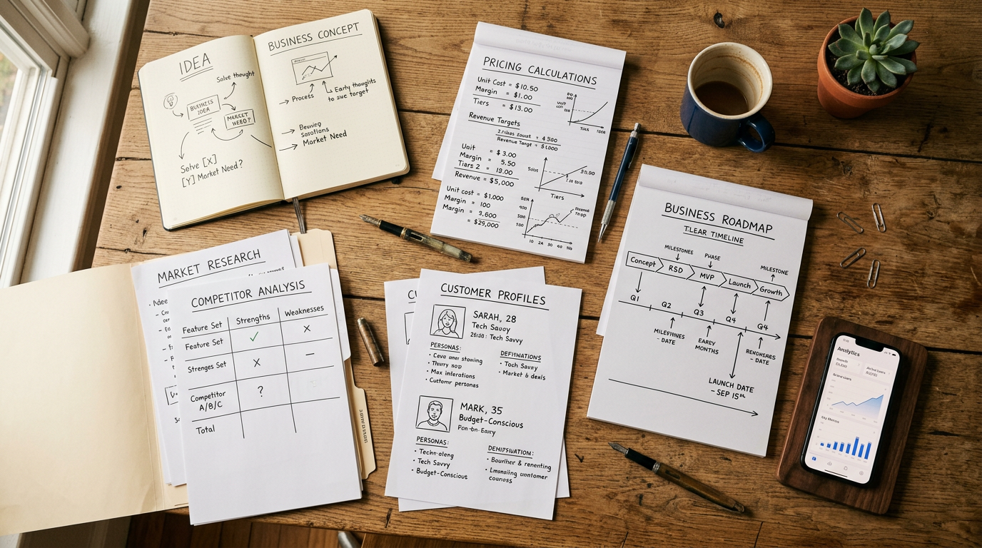 Business planning workspace with notes on a business concept, market research, competitor analysis, customer profiles, pricing calculations, a business roadmap, and a smartphone displaying analytics.
