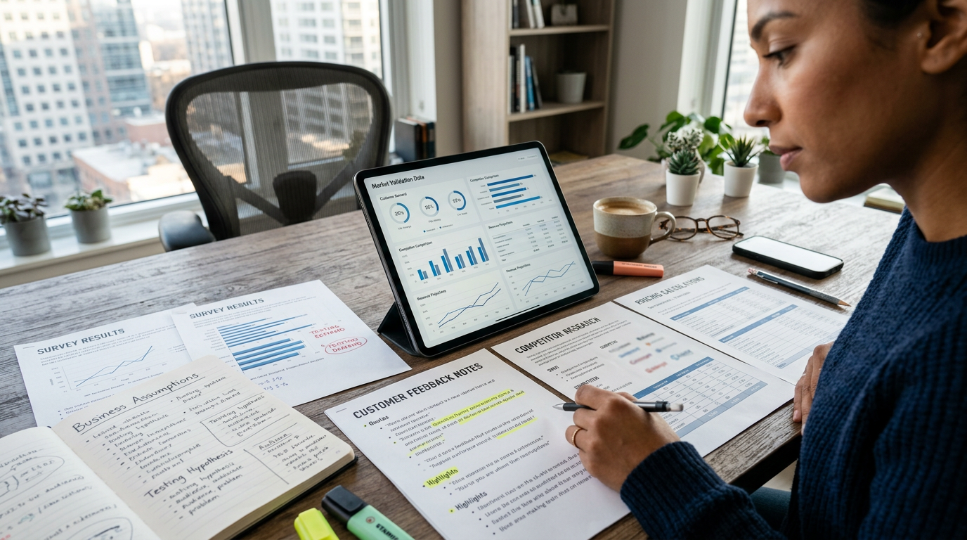 Entrepreneur reviewing market validation data on a tablet, with survey results, competitor research, customer feedback notes, and business analysis documents spread across a desk.